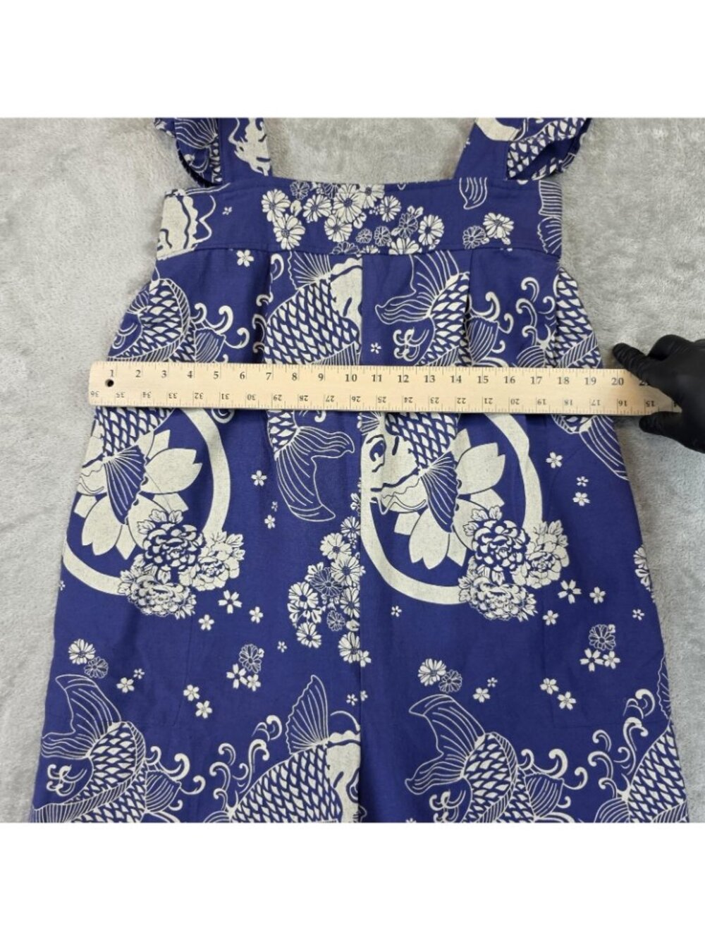 Blue Koi Fish Jumpsuit Womens M Square Neck Ruffle Straps Wide Leg Crop Casual - Picture 4 of 9